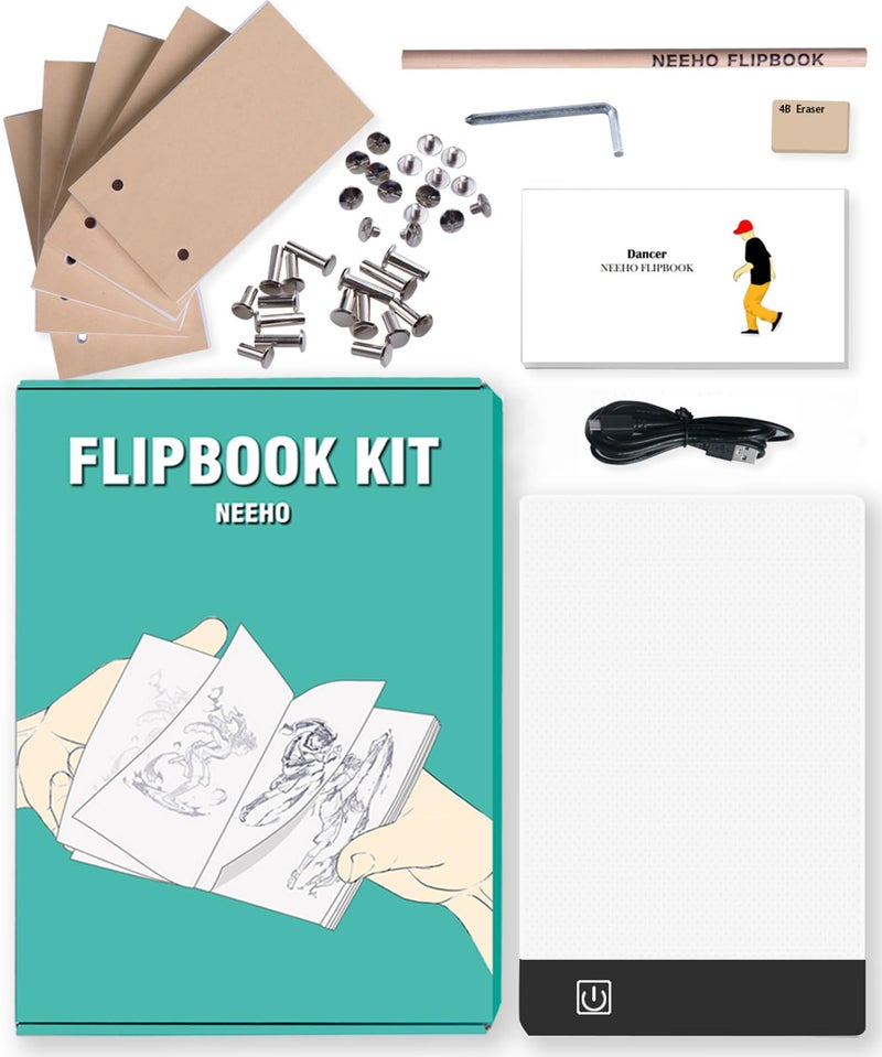 Neeho Flip Book Kit, Neeho Flipbook Kit with Light Pad for Drawing and Tracing with 300 Sheets Premium Pre-drilled Flipbook Paper, LED Lightbox for Making Animation Flipbooks with Binding Screws - Image 1